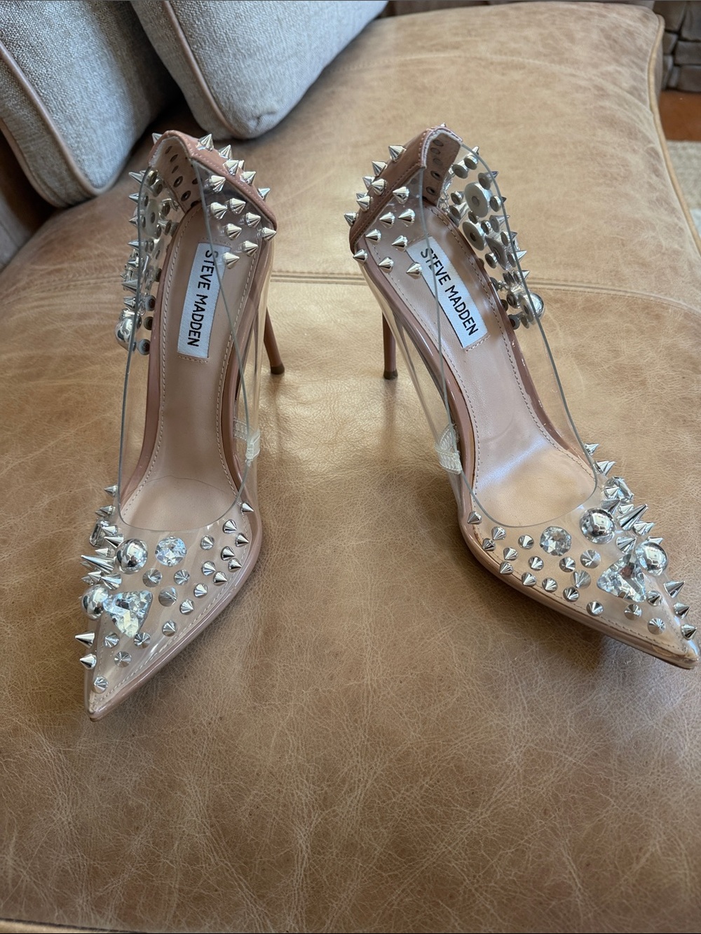 Steve Madden Nude Pointed-Toe Crystal & Spike Stilettos